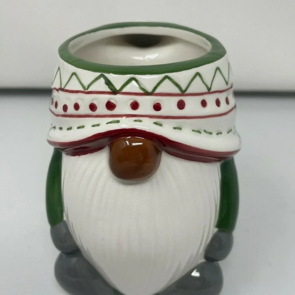 Pottery Barn Christmas GNOME Shaped Mug Green Sweater Scarf Ceramic 12oz NEW